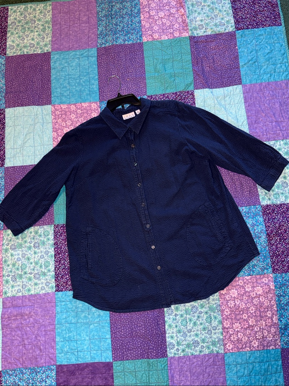 Joan Rivers Navy 3/4 Sleeve Solid Seersucker Boyfriend Shirt QVC size XL pocket